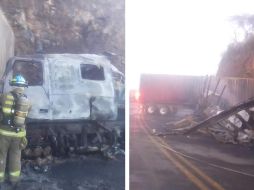 Un choque entre dos tráileres ocurrido esta mañana en el municipio de Acatlán de Juárez provocó el incendio de uno de ellos. ESPECIAL