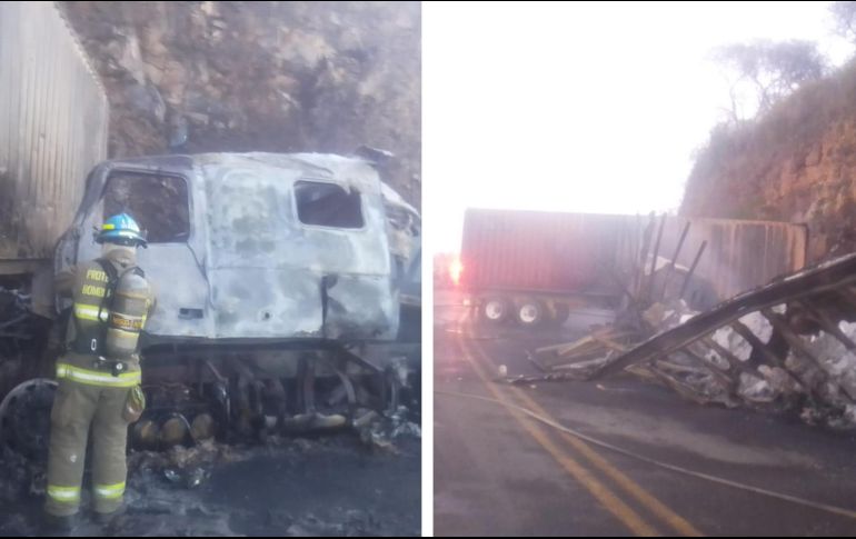 Un choque entre dos tráileres ocurrido esta mañana en el municipio de Acatlán de Juárez provocó el incendio de uno de ellos. ESPECIAL