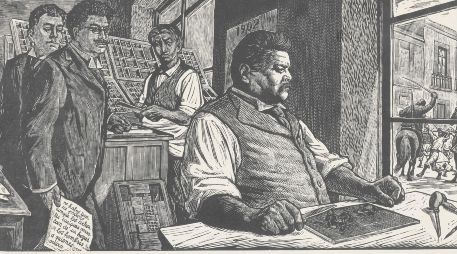 Esta imagen, cortesía del Museo Metropolitano de Arte de Nueva York (NY), muestra una impresión de “Posada en su taller” de Leopoldo Méndez (homenaje a Posada) como parte del obsequio de Pinkowitz al Met en NY. AFP