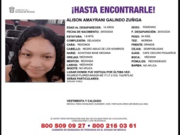 Alison Amayrani mide 1.60 metros, de ojos café oscuro, piel morena clara, cabello negro largo y chino. ESPECIAL