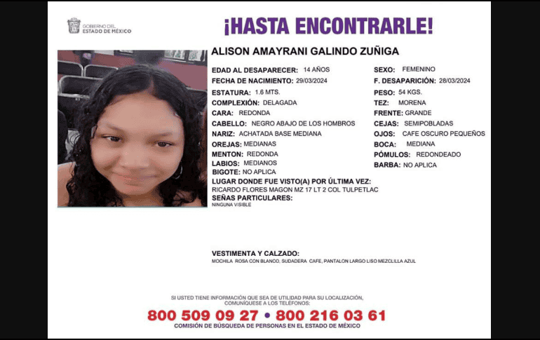 Alison Amayrani mide 1.60 metros, de ojos café oscuro, piel morena clara, cabello negro largo y chino. ESPECIAL