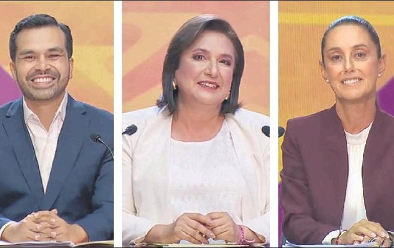 Candidatos a la presidencia de la República Mexicana, Jorge Álvarez Máynez, Xóchitl Gálvez y Claudia Sheinbaum Pardo. ESPECIAL