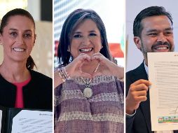 Combinación de imágenes de los tres candidatos a la presidencia de México, Claudia Sheinbaum, Xóchitl Gálvez y Jorge Álvarez Máynez. EFE / J. Méndez