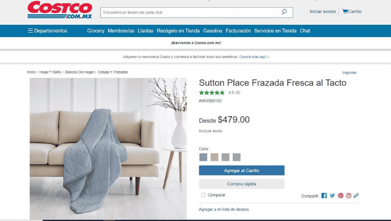 El precio de estas populares frazadas se encuentra por debajo de los $500 pesos en diferentes tiendas de México. COSTCO/ https://www.costco.com.mx/&nbsp;