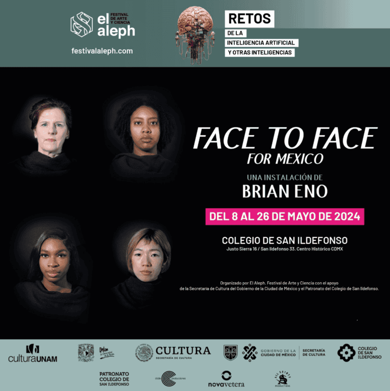 La exposición de “Face to Face for México” de Brian Eno estará presente en la Capilla del Colegio de San Ildefonso de la CDMX hasta el 26 de mayo. CULTURA UNAM/ https://cultura.unam.mx/ 