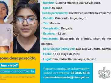 Gianina Michelle Juárez Vásquez de 16 años de edad y estudiante de la preparatoria 11 ubicada en la Zona Metropolitana de Guadalajara fue reportada como desaparecida en el estado. ESPECIAL/ Comisión de Búsqueda de Personas del Estado de Jalisco.