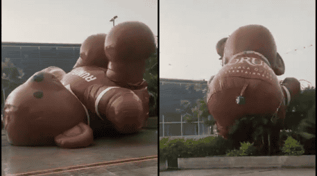 usuarios captan a Oso gigante inflable en Plaza Forum Cuernavaca. ESPECIAL/Fotos de video en X