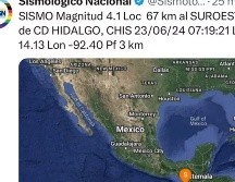 A través de su cuenta verificada en X (anteriormente Twitter), el Servicio Sismológico Nacional informó sobre un sismo con epicentro a 67 km al suroeste de Ciudad Hidalgo, Chiapas. X/@SismologicoMX