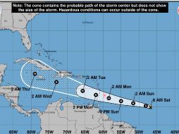 Beryl se encuentra al este-sureste de Barbados, en el Caribe, se espera que se mueva a través de las Islas de Barlovento el próximo domingo por la noche y el lunes. EFE/NHC.