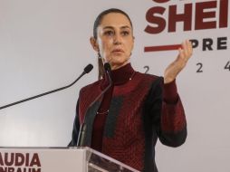 La virtual presidenta electa Claudia Sheinbaum durante conferencia de prensa en su casa de transición. SUN/G. Pano.