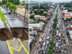 Este hundimiento de 10 metros de diámetro y 6 de profundidad abarca los carriles laterales y centrales de un sentido de la avenida. EL INFORMADOR / A. NAVARRO