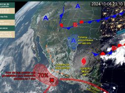La zona de baja presión se encuentra a unos 185 kilómetros al suroeste de Zihuatanejo, Guerrero, y se mueve lentamente hacia el oeste-noroeste. ESPECIAL/ Conagua.