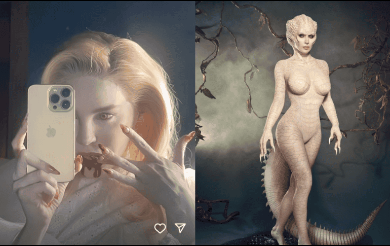 La empresaria estadounidense Kim Kardashian se dejó envolver en la piel de un lagarto albino. ESPECIAL/INSTAGRAM/belindapop/ kimkardashian.