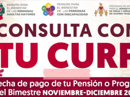 La Secretaría del Bienestar pone a disposición de los beneficiarios de la Pensión del Bienestar una herramienta práctica y rápida consultar su fecha de pago sólo usando su CURP. GOBIERNO DE MÉXICO/ www.gob.mx/ ESPECIAL