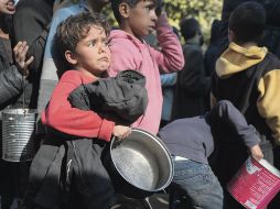 Niños palestinos hacen fila para recibir comida en Franja de Gaza. EFE