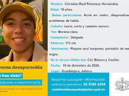 El joven de 19 años de edad padece autismo y tiene problemas de habla. ESPECIAL/ FACEBOOK/Comisión de Búsqueda de Personas del Estado de Jalisco.