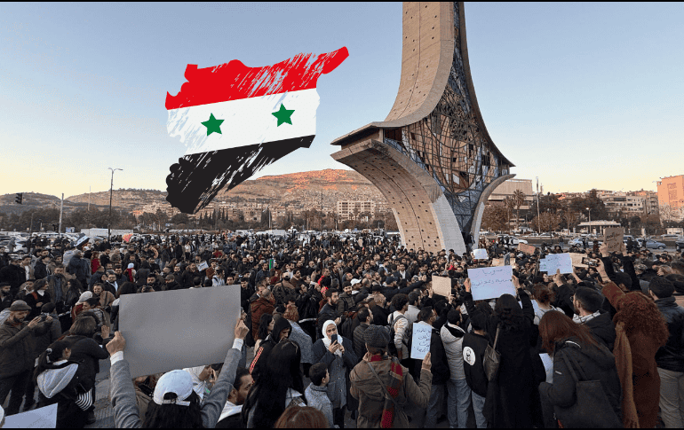 Cientos de personas se manifestaron en Damasco con pancartas y cantando lemas en defensa de una sociedad civil fuerte y diversa en un país laico que respete todas las sensibilidades religiosas. EFE/ Yahya Nemah/ ESPECIAL/ CANVA