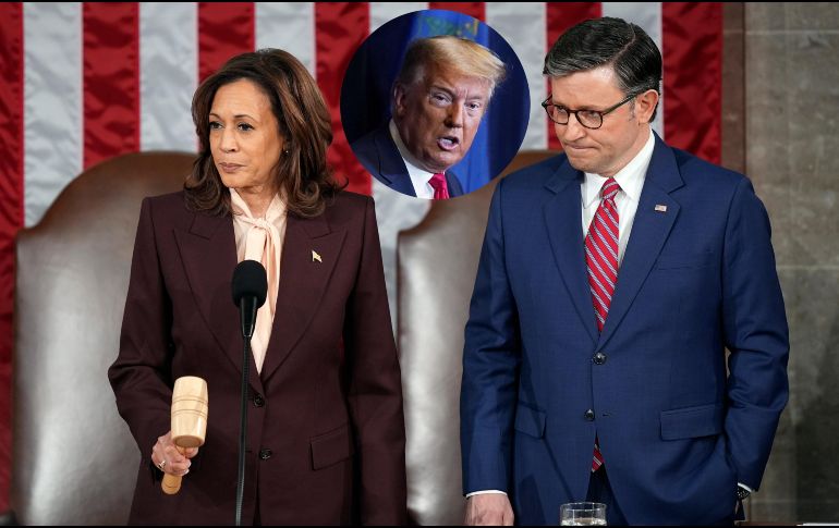 La vicepresidenta Kamala Harris da el martillazo de la sesión conjunta con el presidente de la Cámara de Representantes, Mike Johnson, de Luisiana, afirmando la victoria del presidente electo Donald Trump. AP / Matt Rourke / ARCHIVO