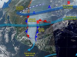 El frente 28 en interacción con un canal de baja presión sobre el sureste mexicano y el ingreso de humedad del mar Caribe, ocasionarán lluvias puntuales muy fuertes. X/ @conagua_clima.