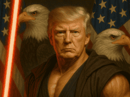 Trump lleva el clásico sable de luz rojo y su vestimenta negra. En el fondo, un águila republicana y la bandera de Estados Unidos. ESPECIAL/X @WhiteHouse