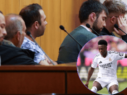 Vinicius también prestó declaración como perjudicado en el juicio a cuatro acusados de colgar de un puente un muñeco con la camiseta del jugador. EFE / N. Gallego / AP / ARCHIVO