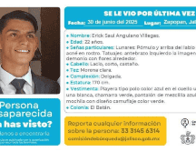 Para reportar información sobre el paradero de Erick se puede llamar al número 33 3145 6314. CORTESÍA