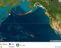 Imagen cedida por el Servicio Meteorológico Nacional (NOAA) de los Estados Unidos y su Sistema de Alerta de Tsunamis que muestra el punto origen del terremoto de magnitud 8,8 este martes, en la península rusa de Kamchatka (Rusia) y las posibles áreas de impacto de tsunami. EFE/ NOAA
