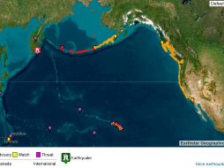 Imagen cedida por el Servicio Meteorológico Nacional (NOAA) de los Estados Unidos y su Sistema de Alerta de Tsunamis que muestra el punto origen del terremoto de magnitud 8,8 este martes, en la península rusa de Kamchatka (Rusia) y las posibles áreas de impacto de tsunami. EFE/ NOAA
