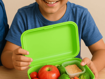Lonchera escolar con frutas, verduras y snacks nutritivos para fortalecer el sistema inmunológico. DALL-E