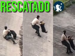 El perro se encontraba al borde de la pendiente del canal. ESPECIAL / FACEBOOK Policía de Guadalajara