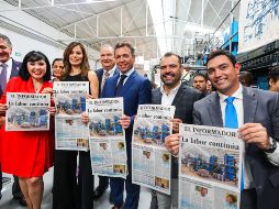 Juan José Frangie, alcalde de Zapopan; Martha Arizmendi, presidenta del Congreso; Verónica Delgadillo, alcaldesa de Guadalajara; Carlos Álvarez del Castillo, editor y director de El Informador; Pablo Lemus, gobernador del Estado; Gerardo Quirino, alcalde de Tlajomulco; y Juan Carlos Álvarez del Castillo, director de EL INFORMADOR, durante la celebración del aniversario del diario. EL INFORMADOR/A. Navarro
