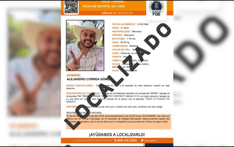Hasta ahora, la Fiscalía General de Michoacán no ha proporcionado detalles sobre el lugar ni las condiciones en que fue encontrado Alejandro Correa. CORTESÍA/ Fiscalía General de Michoacán