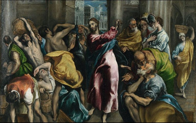 «Jesús llegó a Jerusalén y encontró en el templo a los vendedores de bueyes, ovejas y palomas, y a los cambistas con sus mesas. Entonces hizo un látigo de cordeles y los echó del templo». WIKIPEDIA/«Expulsión de los mercaderes del Templo», de El Greco