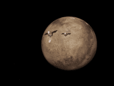 Una Ilustracion estilizada muestra a los satélites gemelos ESCAPADE entrando en la orbita de Marte. James Rattray/Rocket Lab USA