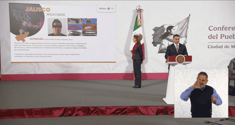 Omar García Harfuch reportó que en los primeros trece meses de la actual Administración fueron detenidas 37 mil personas por delitos de alto impacto.&nbsp;ESPECIAL / YouTube, Gobierno de México