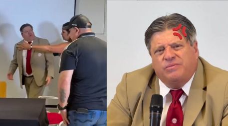 Al finalizar la conferencia, Herrera intentó increpar al comunicador Diego Obando, por lo que Adriana Durán, responsable de prensa de la Selección, intervino para separarlos. X/@ClaroSports