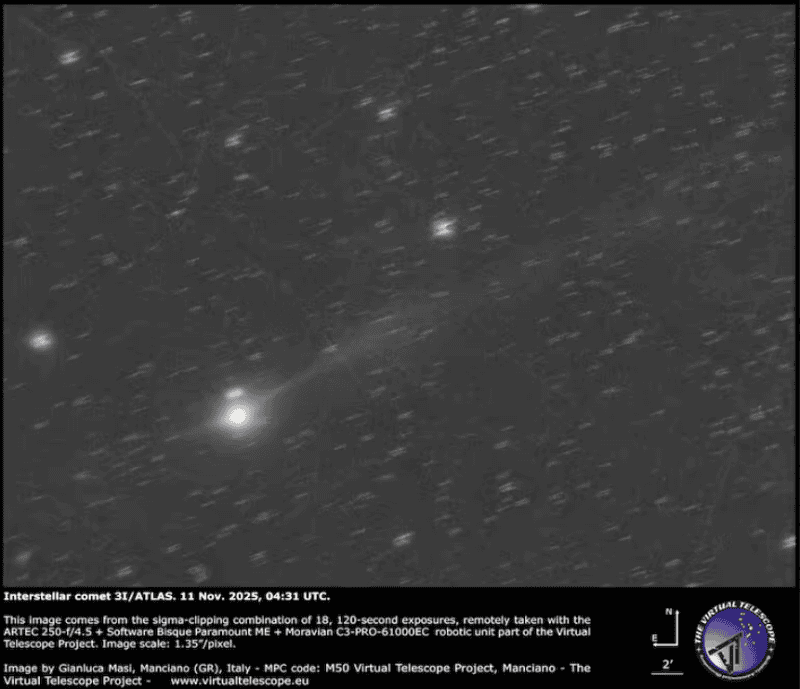 Ahora la cola es más visible a medida que el cometa avanza hacia el cielo matutino. VIRTUAL TELESCOPE PROJECT