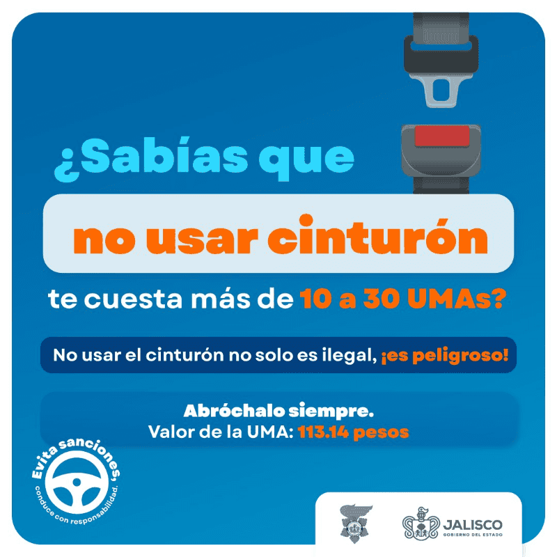 La multa por no usar cinturón de seguridad en Jalisco va desde mil 131.40 a 3 mil 394.20 pesos. ESPECIAL/Policía Vial Jalisco