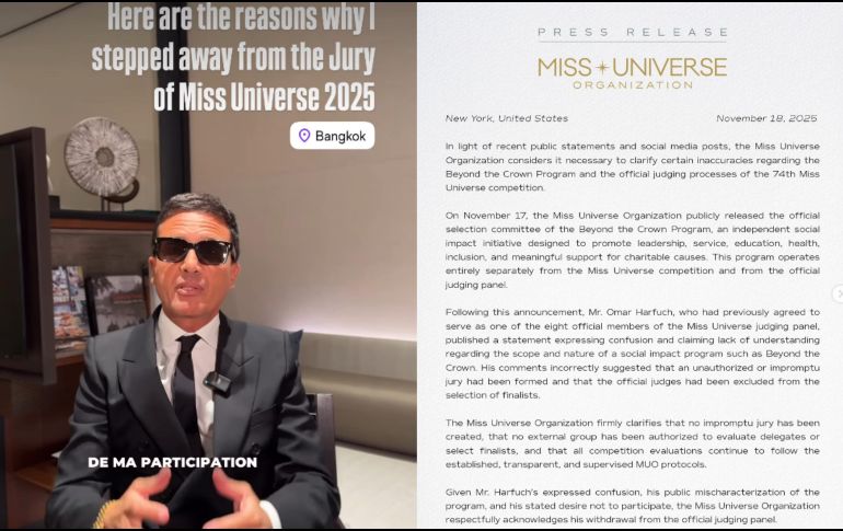 La renuncia se da a tan solo unos días de la gran final de Miss Universo 2025. ESPECIAL / INSTAGRAM @omarharfouch / @missuniverse