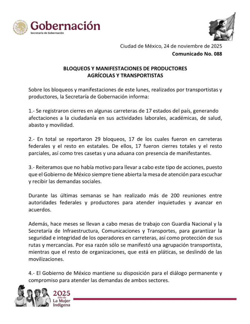 En su mensaje, la Secretaría destacó que durante las últimas semanas se han realizado más de 200 reuniones entre las autoridades federales y los productores agrícolas. ESPECIAL&nbsp;
