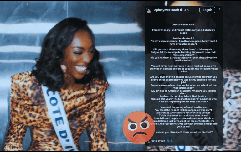 La reina participante posteó en historias de Instagram una carta abierta en la que denunciaba el manejo de Miss Universo 2025. ESPECIAL / IG / @ophelymezinooff