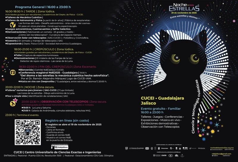 Guadalajara vivirá una nueva edición de la Noche de Estrellas, un encuentro que invita a explorar el cielo mediante actividades para todas las edades. FACEBOOK/Noche de Estrellas Jalisco 