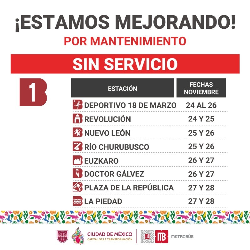 Los cierres temporales forman parte de un plan de mejora continua que el sistema implementará durante las siguientes fechas.&nbsp;X/@MetrobusCDMX