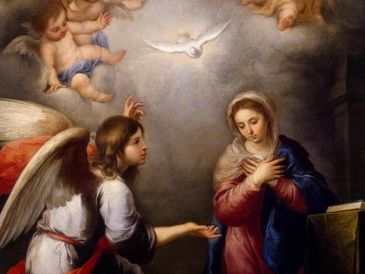 «Estando María, su madre, desposada con José, y antes de que vivieran juntos, sucedió que ella, por obra del Espíritu Santo, estaba esperando un hijo». «La Anunciación», de Esteban Murillo