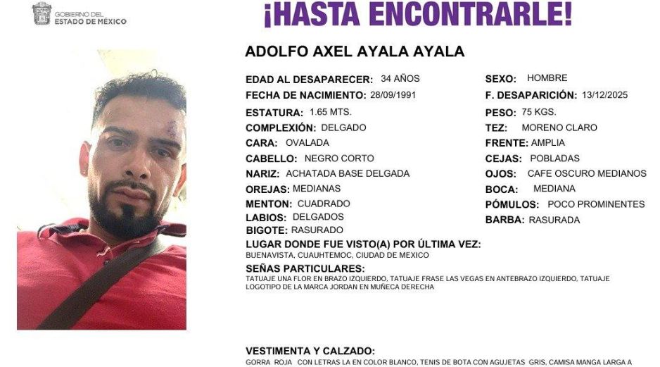 Adolfo Axel Ayala Ayala es un joven de 34 años, mide un metro con 65 centímetros, delgado, moreno, con cabello ondulado negro. ESPECIAL/ X/ @COBUPEM