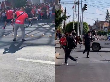 Seguidores de ambos clubes coincidieron en una vialidad que conduce al estadio, situación que derivó en un intercambio de insultos y el lanzamiento de objetos. ESPECIAL.