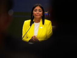 Fotografía de Delcy Rodríguez durante una conferencia de prensa en el palacio presidencial de Miraflores en Caracas, Venezuela. AP/A. Cubillos