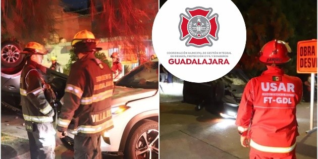 Protecci&oacute;n Civil y Bomberos de Guadalajara atienden autom&oacute;vil volcado en Ladr&oacute;n de Guevara