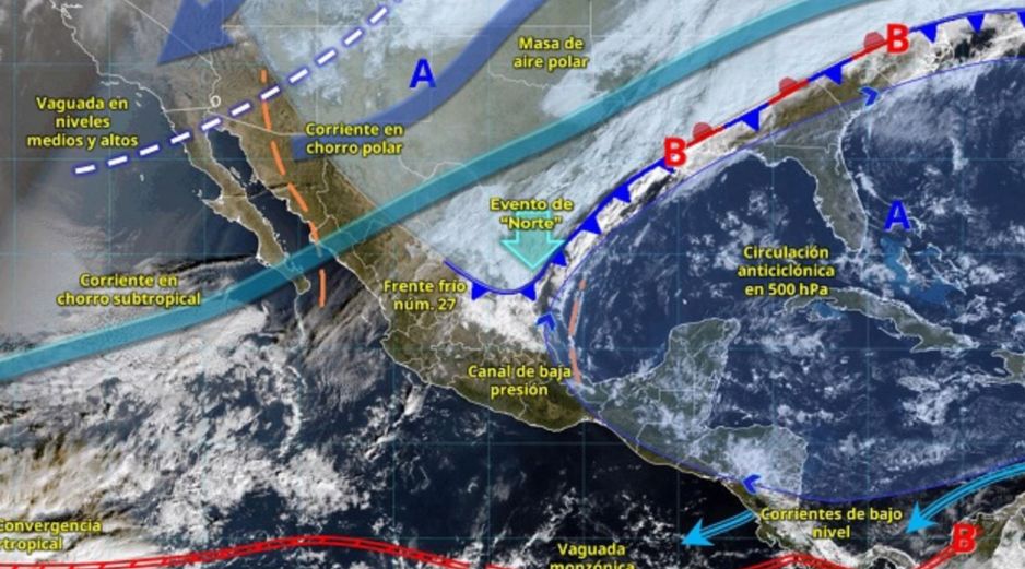 La entrada de aire polar generará un descenso notable de las temperaturas, con heladas durante la madrugada del domingo en amplias zonas del norte, centro y oriente del país. ESPECIAL/ SMN.