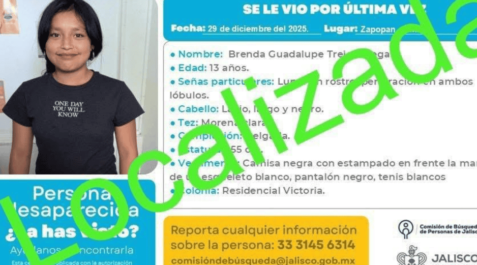 Se trata de Brenda Guadalupe, de 13 años. Su localización se logró gracias a un operativo de búsqueda. CORTESÍA